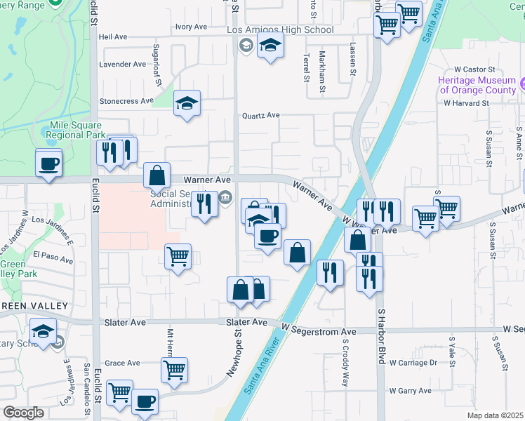 map of restaurants, bars, coffee shops, grocery stores, and more near 17168 Newhope Street in Fountain Valley