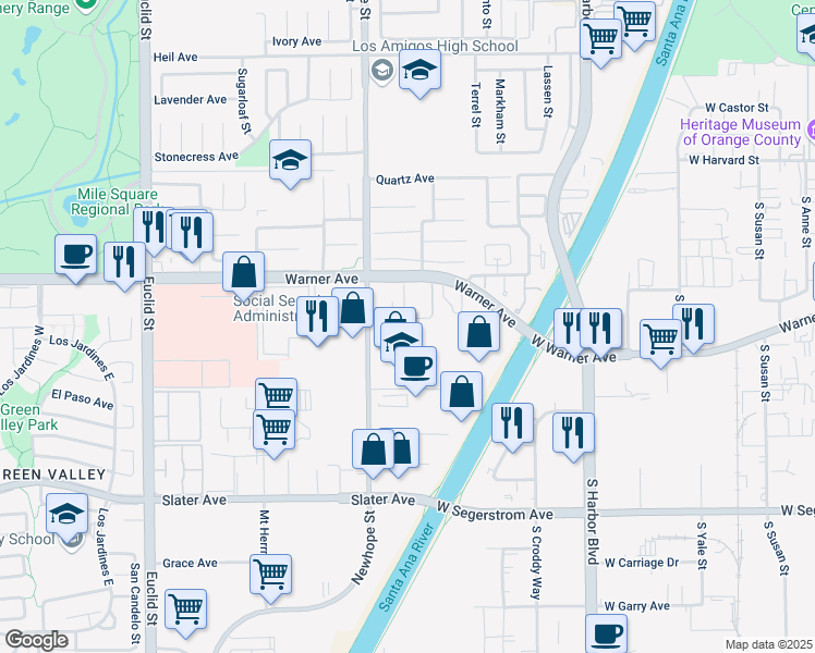map of restaurants, bars, coffee shops, grocery stores, and more near 17168 Newhope Street in Fountain Valley