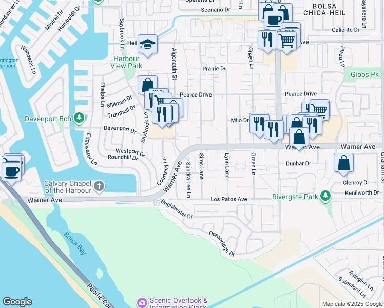 map of restaurants, bars, coffee shops, grocery stores, and more near 4561 Warner Avenue in Huntington Beach