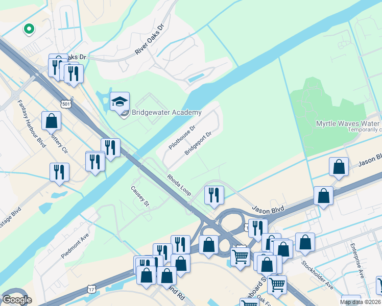 map of restaurants, bars, coffee shops, grocery stores, and more near 570 Bridgeport Drive in Myrtle Beach