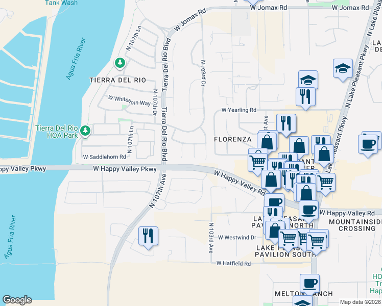 map of restaurants, bars, coffee shops, grocery stores, and more near 10412 West Cottontail Lane in Peoria