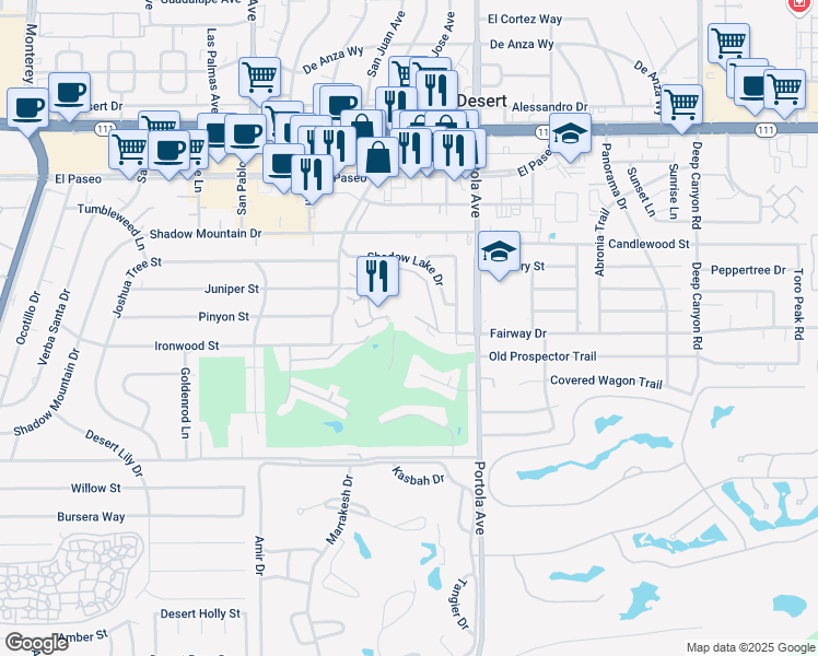 map of restaurants, bars, coffee shops, grocery stores, and more near 73831 Club Circle Drive in Palm Desert