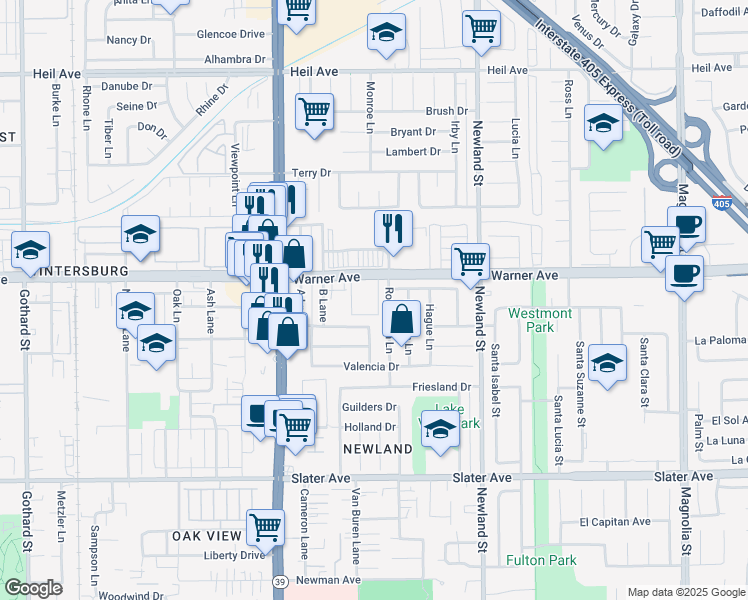 map of restaurants, bars, coffee shops, grocery stores, and more near 8201 Warner Avenue in Huntington Beach