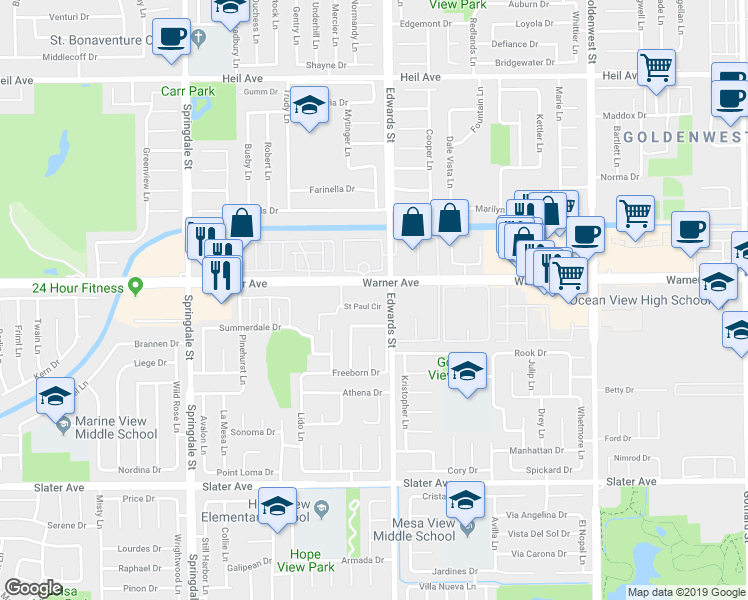 map of restaurants, bars, coffee shops, grocery stores, and more near in Huntington Beach