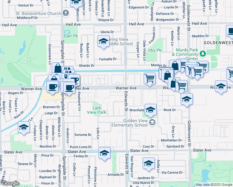 map of restaurants, bars, coffee shops, grocery stores, and more near 6392 Warner Avenue in Huntington Beach
