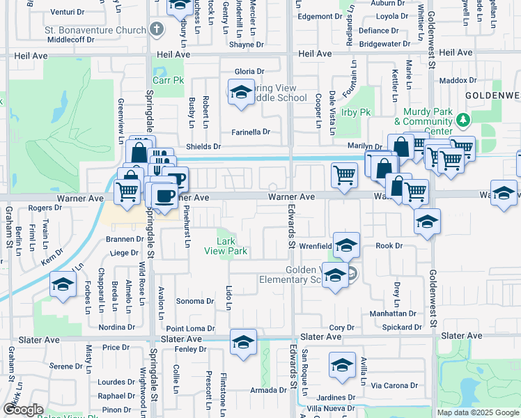 map of restaurants, bars, coffee shops, grocery stores, and more near 6392 Warner Avenue in Huntington Beach