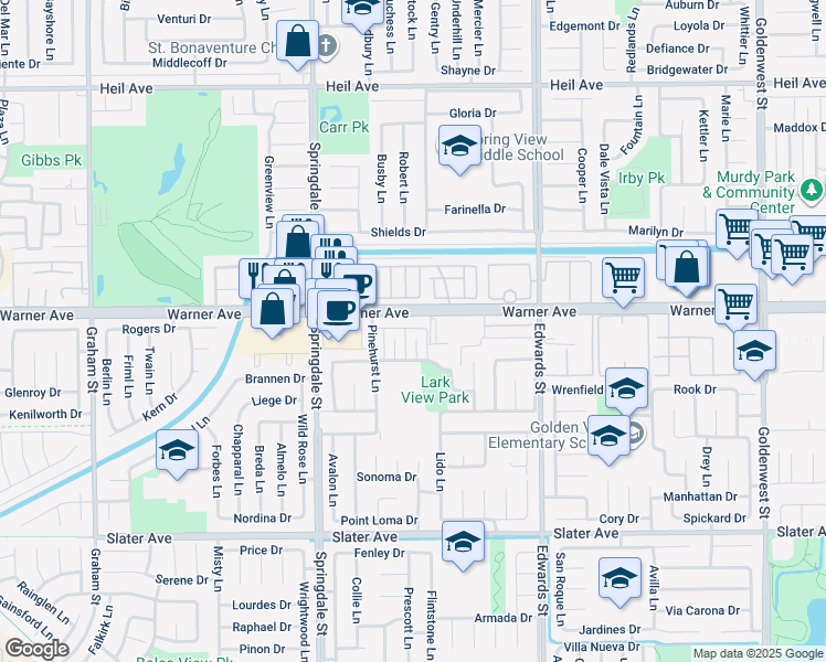 map of restaurants, bars, coffee shops, grocery stores, and more near in Huntington Beach