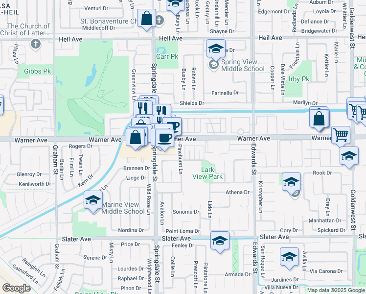 map of restaurants, bars, coffee shops, grocery stores, and more near in Huntington Beach