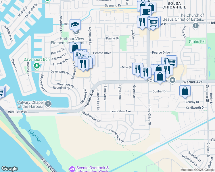 map of restaurants, bars, coffee shops, grocery stores, and more near 4691 Warner Avenue in Huntington Beach