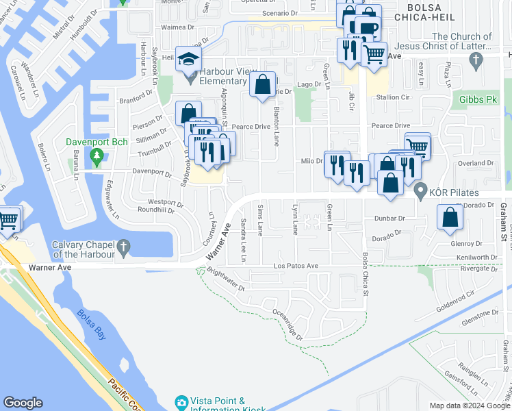 map of restaurants, bars, coffee shops, grocery stores, and more near 4561 Warner Avenue in Huntington Beach