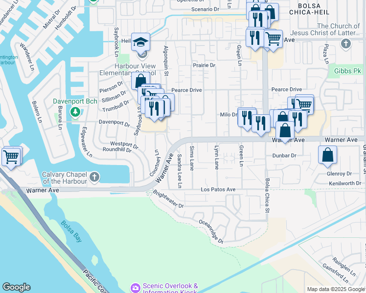 map of restaurants, bars, coffee shops, grocery stores, and more near 4561 Warner Avenue in Huntington Beach