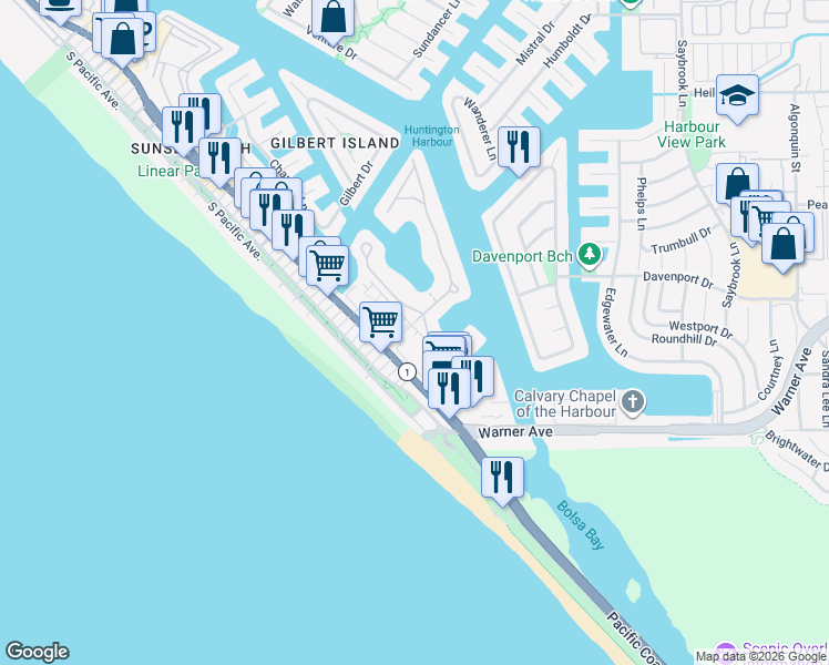 map of restaurants, bars, coffee shops, grocery stores, and more near 16992 Marina Bay Drive in Huntington Beach