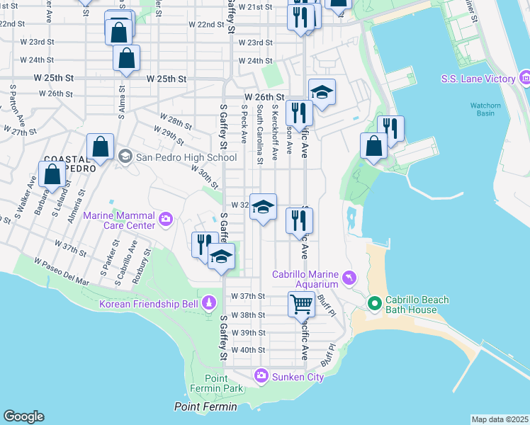 map of restaurants, bars, coffee shops, grocery stores, and more near 3131 South Kerckhoff Avenue in Los Angeles