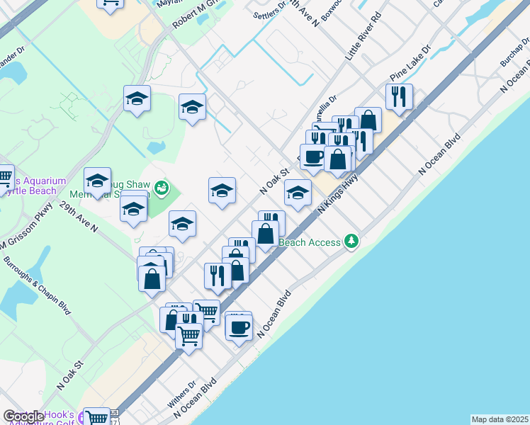 map of restaurants, bars, coffee shops, grocery stores, and more near 3503 North Oak Street in Myrtle Beach