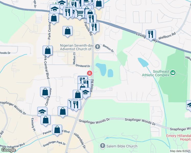 map of restaurants, bars, coffee shops, grocery stores, and more near 2526 Panola Road in Lithonia