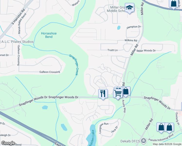 map of restaurants, bars, coffee shops, grocery stores, and more near 2443 Terrace Trail in Decatur