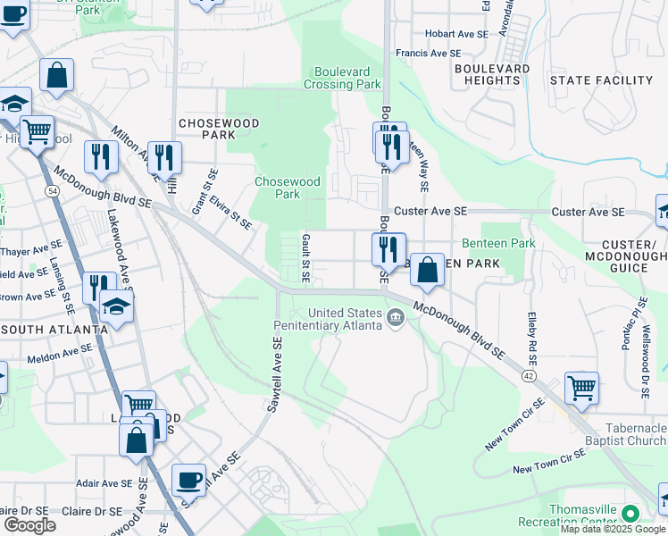 map of restaurants, bars, coffee shops, grocery stores, and more near 515 Federal Terrace Southeast in Atlanta