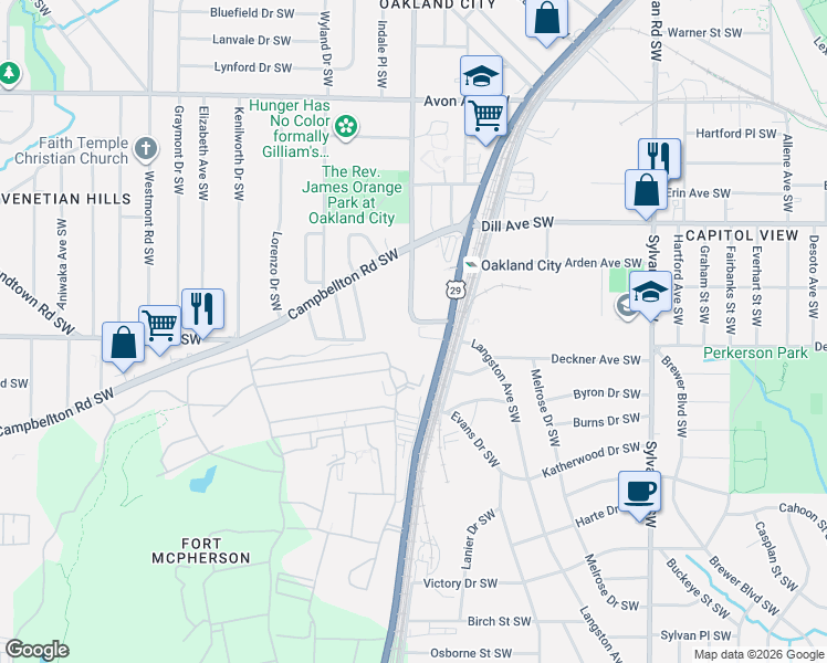 map of restaurants, bars, coffee shops, grocery stores, and more near 1451 Oakland Drive Southwest in Atlanta