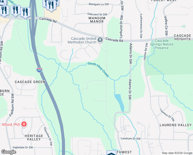 map of restaurants, bars, coffee shops, grocery stores, and more near 3181 Key Drive Southwest in Atlanta