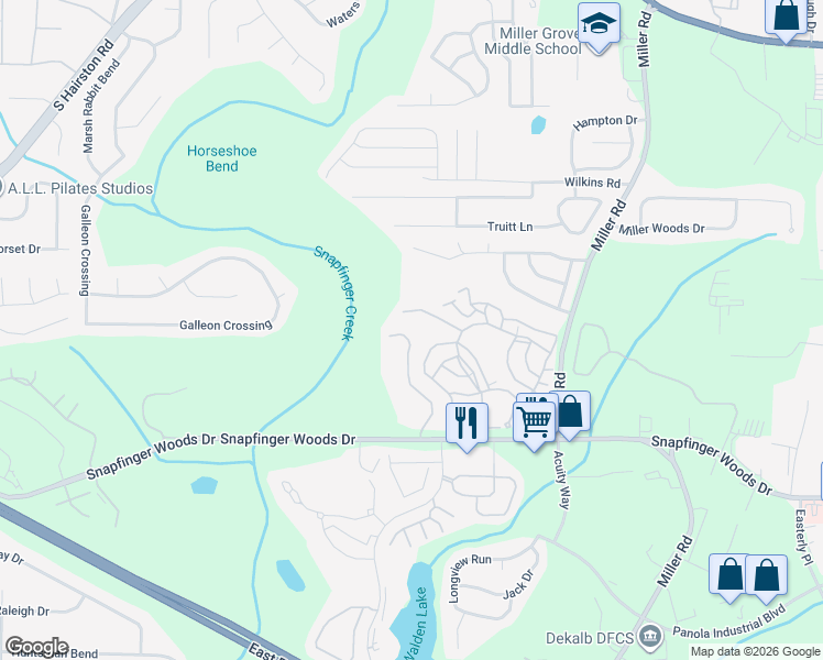 map of restaurants, bars, coffee shops, grocery stores, and more near 2443 Terrace Trail in Decatur