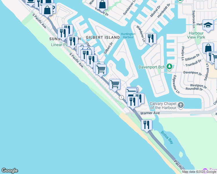 map of restaurants, bars, coffee shops, grocery stores, and more near 17016 7th Street in Huntington Beach