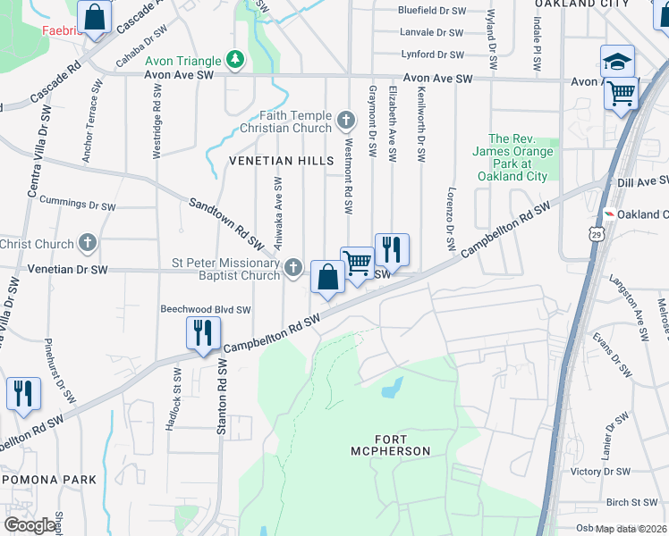 map of restaurants, bars, coffee shops, grocery stores, and more near 1441 Westmont Road Southwest in Atlanta
