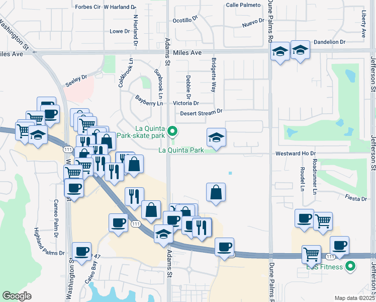 map of restaurants, bars, coffee shops, grocery stores, and more near 78468 Westward Ho Drive in La Quinta