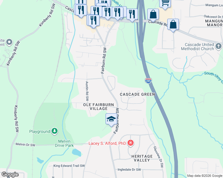 map of restaurants, bars, coffee shops, grocery stores, and more near 6300 Suttles Drive Southwest in Atlanta