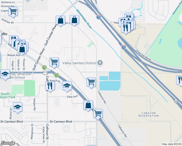 map of restaurants, bars, coffee shops, grocery stores, and more near Enterprise Way in Indio