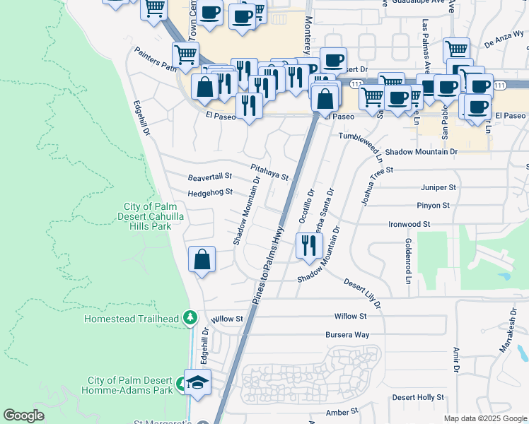 map of restaurants, bars, coffee shops, grocery stores, and more near 45943 Highway 74 in Palm Desert