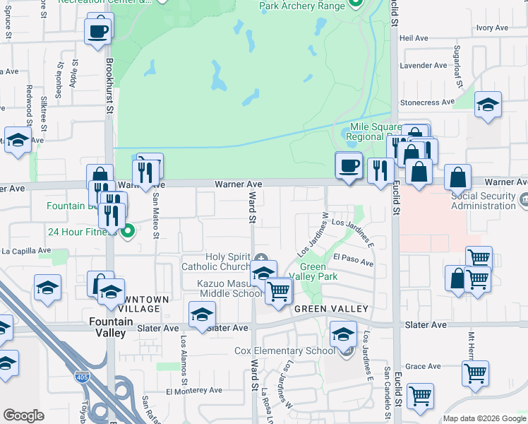 map of restaurants, bars, coffee shops, grocery stores, and more near 17050 Colonial Circle in Fountain Valley