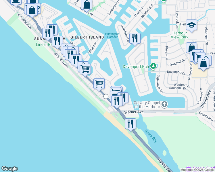 map of restaurants, bars, coffee shops, grocery stores, and more near 16992 Marina Bay Drive in Huntington Beach