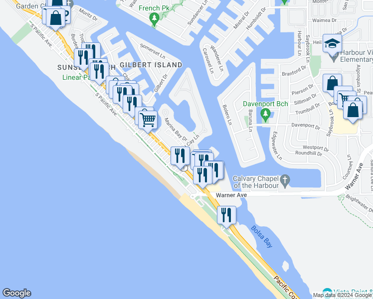 map of restaurants, bars, coffee shops, grocery stores, and more near 16943 Bluewater Lane in Huntington Beach