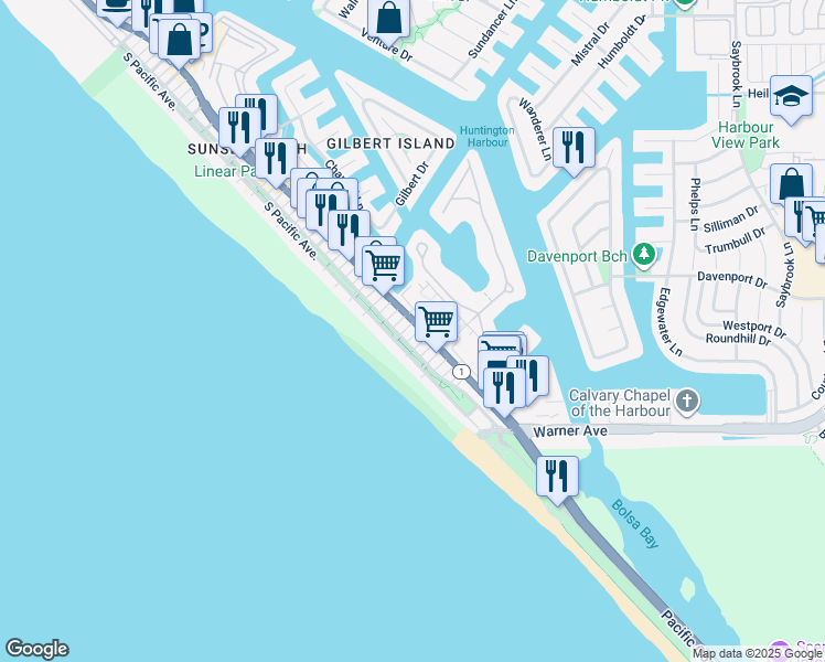 map of restaurants, bars, coffee shops, grocery stores, and more near 17016 7th Street in Huntington Beach