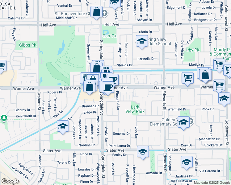map of restaurants, bars, coffee shops, grocery stores, and more near 17031 Pinehurst Lane in Huntington Beach