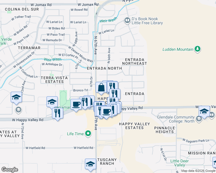 map of restaurants, bars, coffee shops, grocery stores, and more near 6606 West Saddlehorn Road in Phoenix