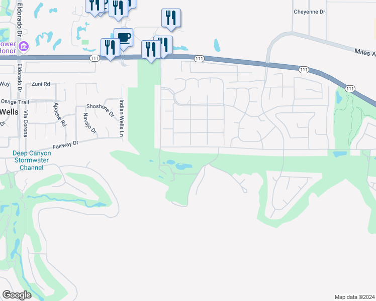 map of restaurants, bars, coffee shops, grocery stores, and more near 76829 Iroquois Drive in Indian Wells