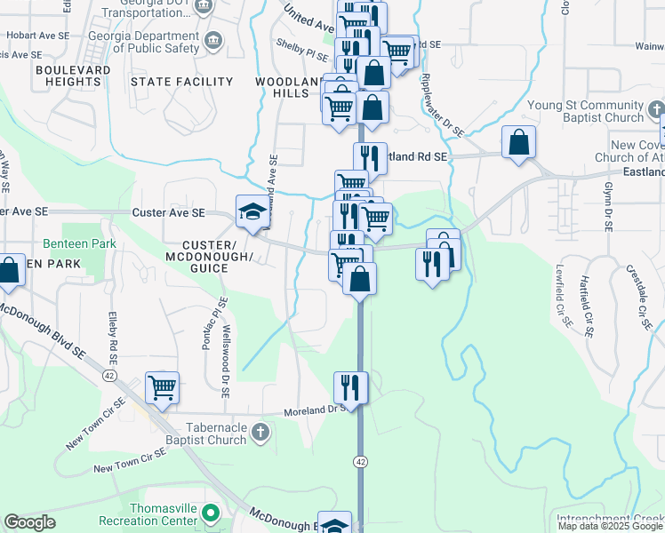 map of restaurants, bars, coffee shops, grocery stores, and more near 1406 Heights Park Drive in Atlanta
