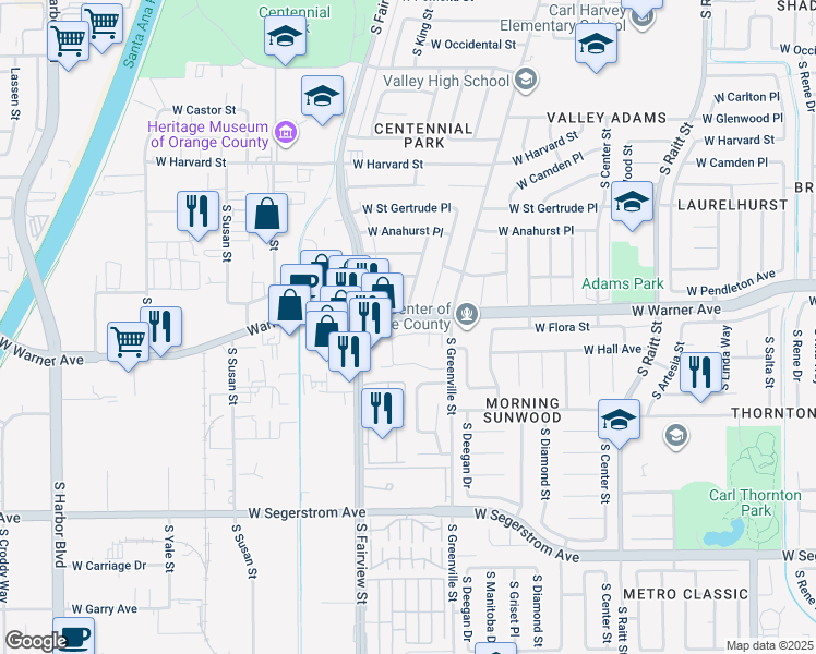 map of restaurants, bars, coffee shops, grocery stores, and more near 2314 South Everglade Street in Santa Ana