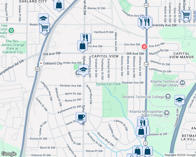 map of restaurants, bars, coffee shops, grocery stores, and more near 1443 Fairbanks Street Southwest in Atlanta