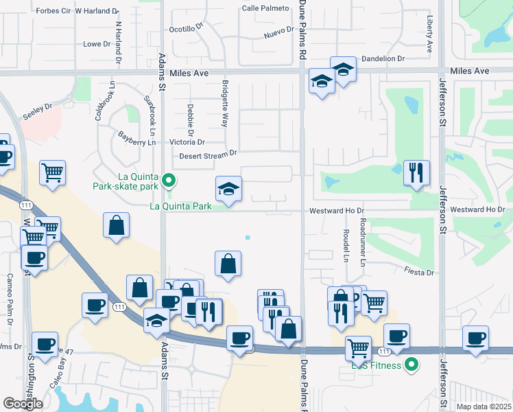 map of restaurants, bars, coffee shops, grocery stores, and more near 79385 Avenida Las Palmas in La Quinta
