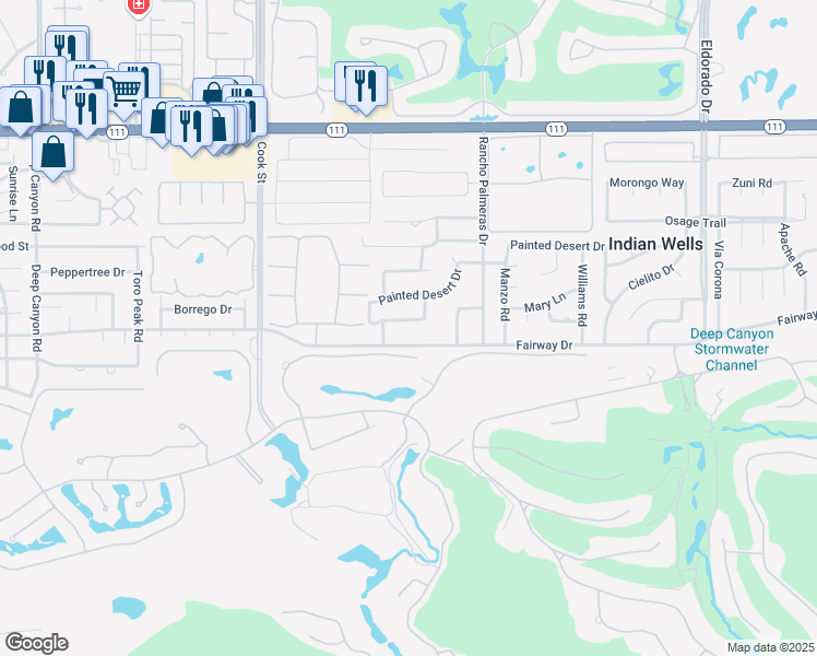 map of restaurants, bars, coffee shops, grocery stores, and more near 75325 Purple Hills Road in Indian Wells