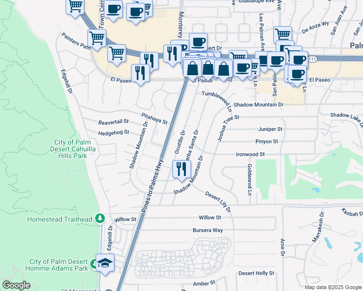 map of restaurants, bars, coffee shops, grocery stores, and more near 45900 Ocotillo Drive in Palm Desert