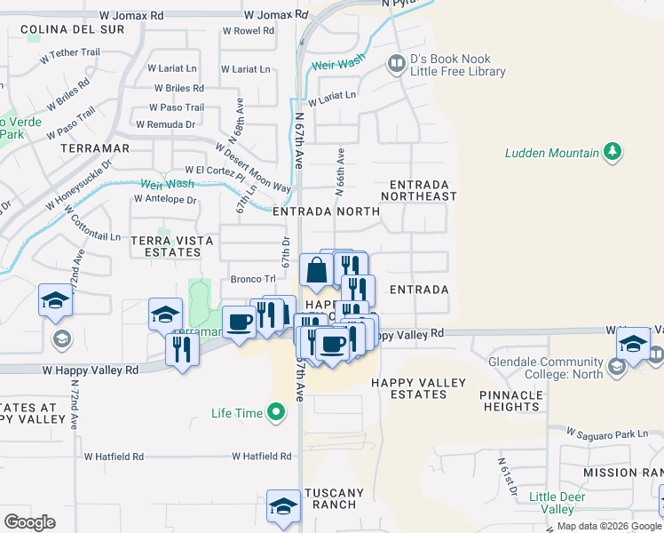 map of restaurants, bars, coffee shops, grocery stores, and more near 6606 West Saddlehorn Road in Phoenix