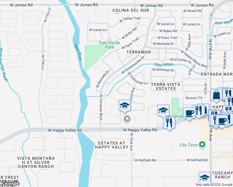 map of restaurants, bars, coffee shops, grocery stores, and more near 25414 North 73rd Avenue in Peoria