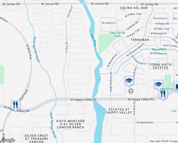 map of restaurants, bars, coffee shops, grocery stores, and more near 7481 West Remuda Drive in Peoria