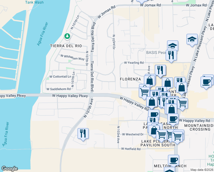 map of restaurants, bars, coffee shops, grocery stores, and more near 10412 West Cottontail Lane in Peoria