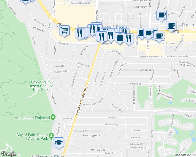 map of restaurants, bars, coffee shops, grocery stores, and more near 45830 Ocotillo Drive in Palm Desert