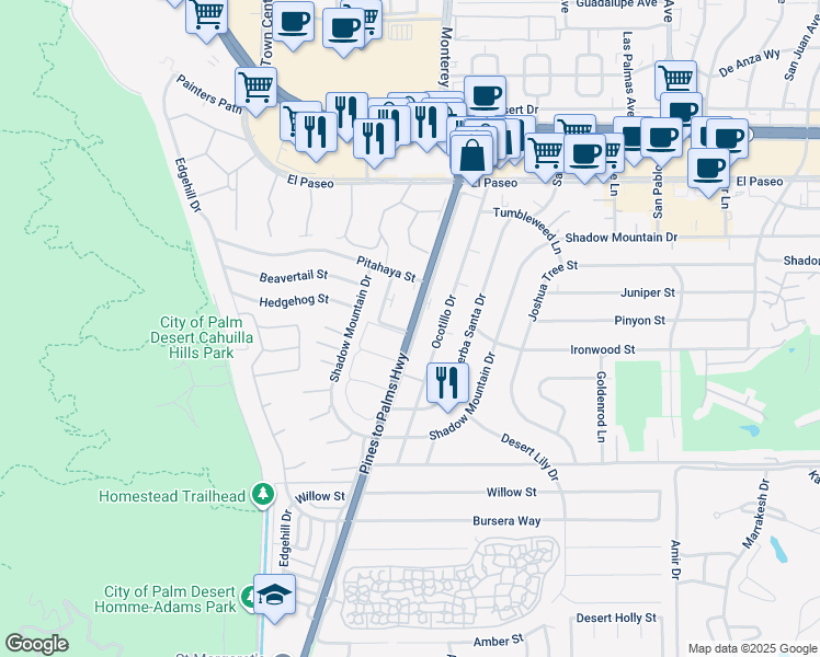 map of restaurants, bars, coffee shops, grocery stores, and more near 45877 California 74 in Palm Desert
