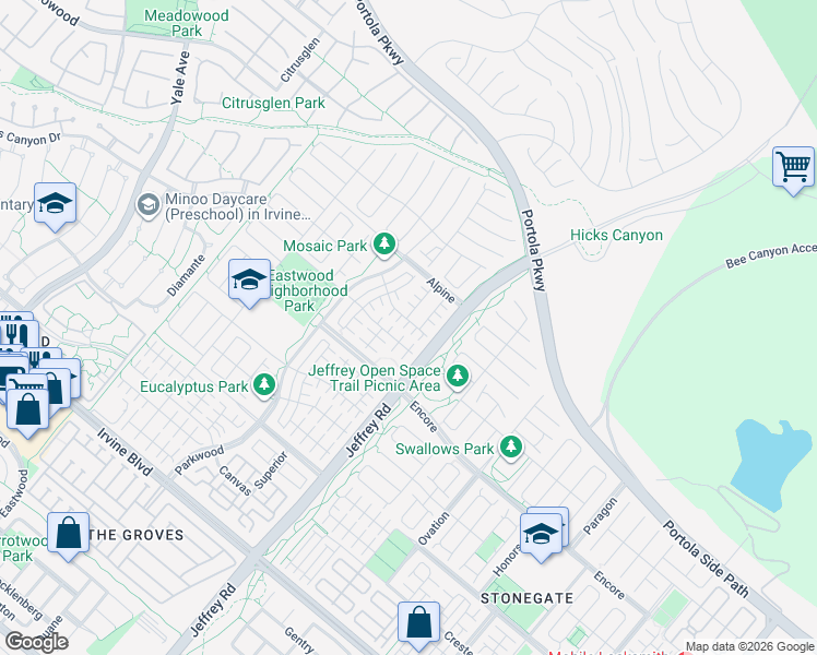 map of restaurants, bars, coffee shops, grocery stores, and more near 90 Quill in Irvine